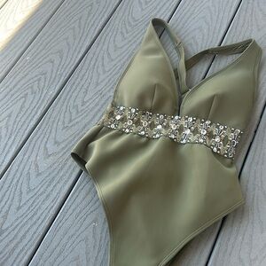 Nu Swim Olive One Piece Bikini W/ Accent Waistband Size 14